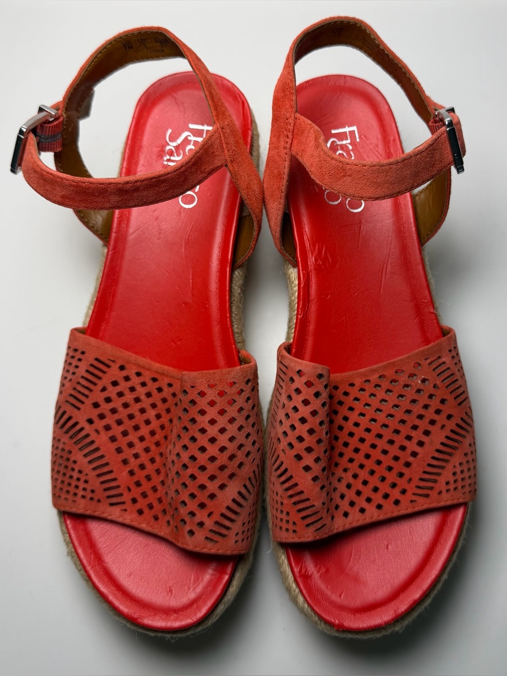 NWT Franco Sarto Tennia 7 Coral Red Espadrille Jute Wedge Suede Leather Sandal - Picture 5 of 16